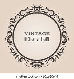 Round vintage ornate border frame, victorian and royal baroque style decorative design. Elegant frame shape with hearts and swirls for labels, wedding and party invitations. Vector illustration. 