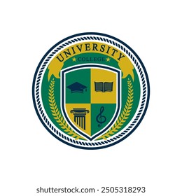 Round vintage style logo representing university college education with graduation hat, book and musical note symbol