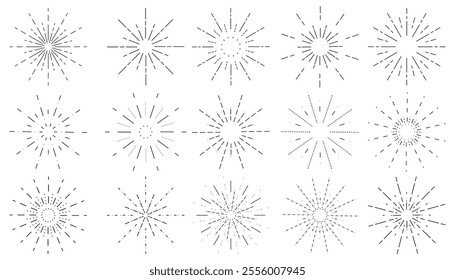 Round vintage sunburst rays collection. Thin line hipster firework or bursting stars design elements set. 