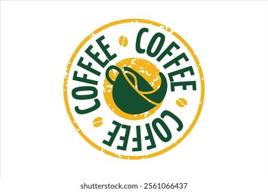 Round vintage-style vector logo featuring an artistic coffee cup design in yellow and green tones. Perfect for coffee shops, coffee product branding, and commercial use.