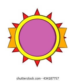 Round violet badge icon, cartoon style