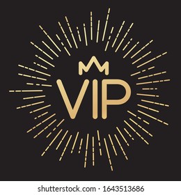 Round VIP gold vector emblem with sunburst and crown on a black background. Vector illustration for your design.