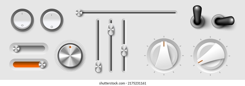 Round volume adjustment dial, regulator knob and switch vector realistic 3d mockup illustration. Maximum and minimum sound slider, rotate button or turner music, radio sound for regulation