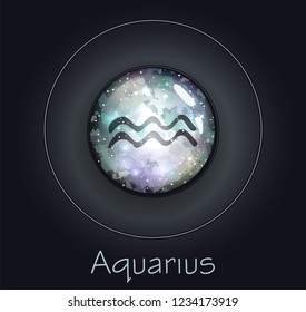 Round volumetric Aquarius (Water-carrier) sign of the zodiac. Glowing shiny galactic texture.