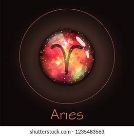 Round volumetric Aries (the Ram) sign of the zodiac. Glowing shiny galactic texture.