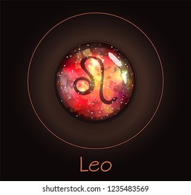 Round volumetric Leo (the Lion) sign of the zodiac. Glowing shiny galactic texture.