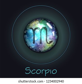 Round volumetric Scorpio sign of the zodiac. Glowing shiny galactic texture.
