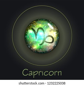 Round volumetric sign Capricorn zodiac sign. Glowing shiny galactic texture
