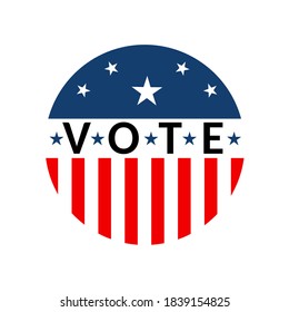 Round VOTE sign with American flag stars and stripes pattern in blue red white colors. Presidential election campaign slogan badge