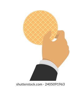 Round waffle in hand. Belgium round waffles in flat style. Breakfast food. 