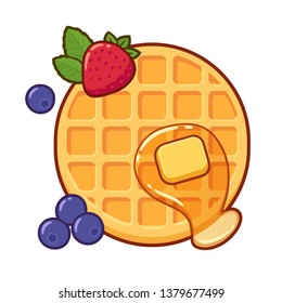 Round Waffle With Syrup, Butter And Fruit. Traditional Breakfast Food Vector Illustration, Cartoon Drawing.