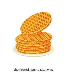 Round waffles filling with caramel. Vector illustration cartoon flat icon isolated on white.