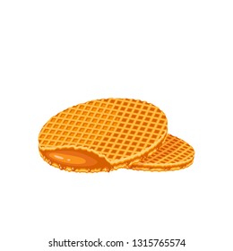 Round waffles filling with caramel. Vector illustration cartoon flat icon isolated on white.