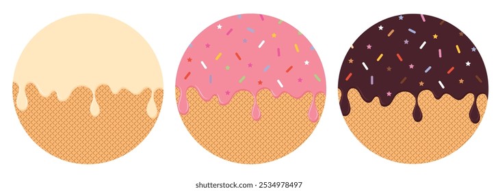 Round waffles set with glaze,pink glaze,vanila glaze,chocolate glaze.Vector illustration.