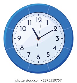 Round wall clock with blue frame and arrows for time checking vector flat illustration. Circle watch for timing counting modern numeral clockface hour and minute pointer timer rotation period isolated