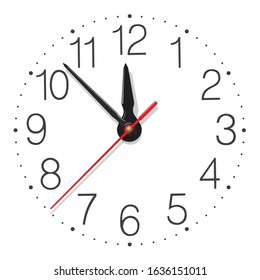 Round wall clock face with glossy metallic hands placed on white background. Vector illustration.