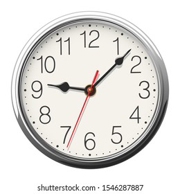 Round wall clock with glossy metallic body placed on white background. Vector illustration.