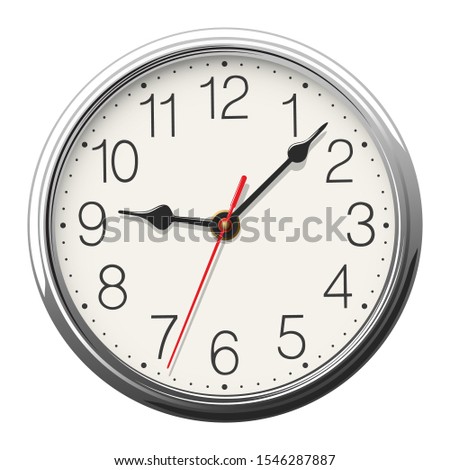 Round wall clock with glossy metallic body placed on white background. Vector illustration.