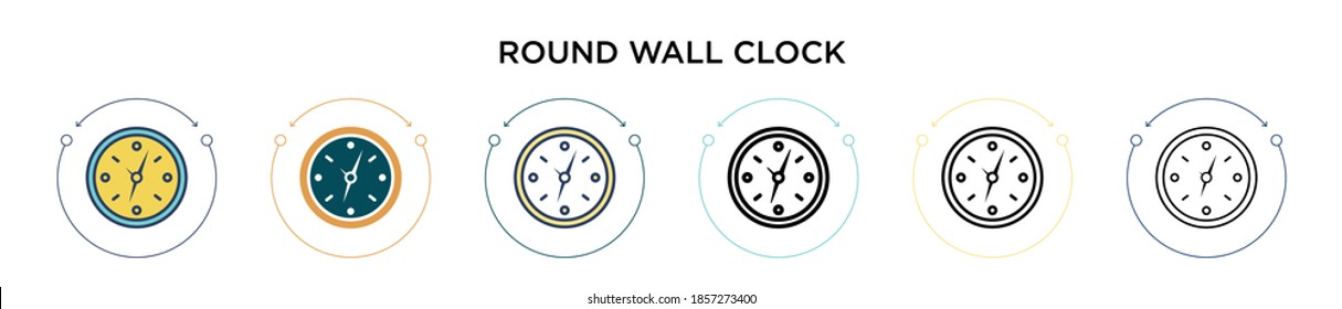 Icono de reloj de pared redondeado en estilo relleno, delgado, contorno y trazo. Ilustración vectorial de dos iconos vectores de pared redonda de color y negro se pueden utilizar para móviles, ui, web