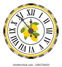Round wall clock with lemon pattern. Vector illustration.