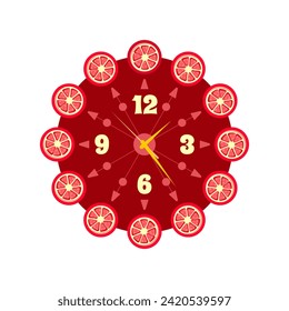 Round wall clock with red citrus on white background. Vector illustration in flat style