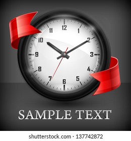 Round wall clock with red ribbon on black background & text, vector illustration.