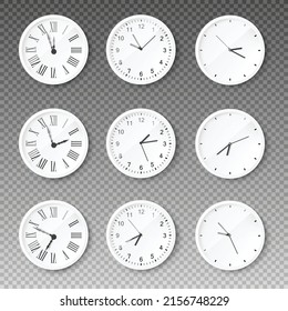 Round wall clock with roman and arabic numerals. Circle dial layouts with hour and minute divisions, realistic vector illustration isolated on transparent background.