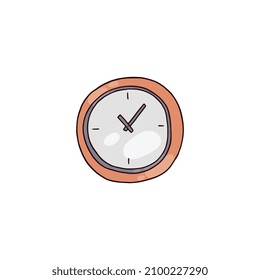 Runde Wanduhr, farbige, doodle-artige Vektorgrafik einzeln auf weißem Hintergrund. Moderne Wanduhr oder Uhrenanstrich mit Zahlen und Pfeilen.