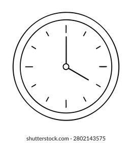 Round wall clock with simple hands and tick marks, round wall clock outline icon for home decor, timepiece and room accessory design
