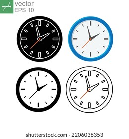 Round Wall clock for time measurement. Office hour, circle timer countdown, alarm reminder. Analog clock flat vector icon. Illustration design on white background. EPS 10