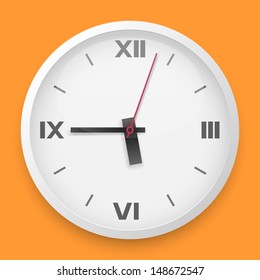 Round wall clock vector template with roman numerals.