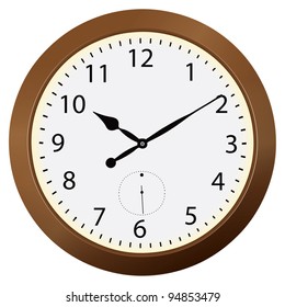 Round wall clock in a wooden case. Vector illustration.