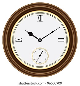 Round wall clock in a wooden case. Roman numerals. Vector illustration.