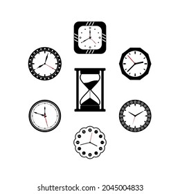 Relojes redondos de pared de varias formas y lentes de arena en blanco y negro sobre un fondo blanco. Una imagen vectorial.