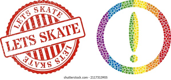 Round warning composition icon of spheric dots in different sizes and rainbow colored color hues. Red rounded rubber stamp with Lets Skate caption. A dotted LGBT- colored round warning for lesbians,