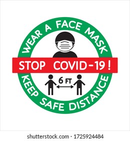 Round warning sign, person in face mask icon, people at 6 feet safe distance. Pandemic social distancing measures info sticker, label, to stop covid-19 for public place, store, shop. Vector isolated