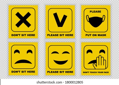 Round warning virus signs on transparent background.. Put on mask. Keep distance between people. Do not sit here. Sit here