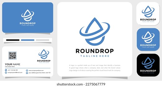 A round water drop logo with a blue circle concept and business card.