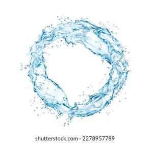 Agua redonda salpicada de gotas azules. Círculo vectorial realista, ola o remolque de agua transparente líquida, fresca o agua de bebida transparente con ondas, burbujas y gotitas. 3.ᵉʳ caudal o flujo redondo con gotas