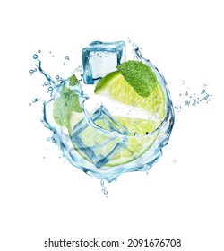 Round water splash with lime, ice cubes and mint leaves. Mojito cocktail realistic vector. Cool drink swirl with falling drops of citrus fruit juice, lime slices and green peppermint leaves