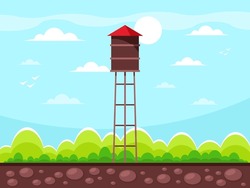 Round Water Tower With Red Roof. High Metal Construction Circular Tank For Storage Of Hydro Resource Reserve. Background With Grass, Bush, Blue Sky And White Clouds. Vector Graphics