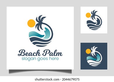 ola de agua redonda en el océano, diseño del logo de la palmera de playa con símbolo de sol para vacaciones, vacaciones, verano, icono vector