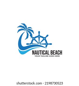 round water wave in ocean, beach palm tree logo design with sun symbol for vacation, holiday, summer icon vector.
