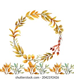 Round watercolor autumn color frame leaf