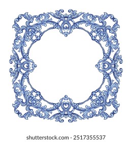 Round Watercolor Floral Frame in Indigo Colors. Can be used as decal, design for tiles, fabric, interior. Capri Majolica	