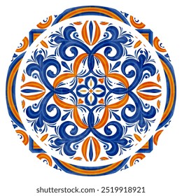 Round Watercolor Floral Frame in Indigo Colors. Can be used as decal, design for tiles, fabric, interior. Capri Majolica	