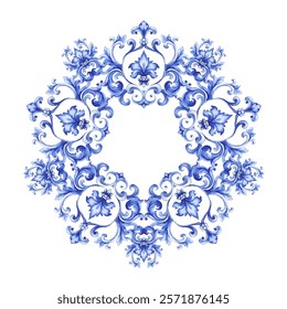 Round Watercolor Floral Frame in Indigo Colors. Can be used as decal, design for tiles, fabric, interior. Capri Majolica