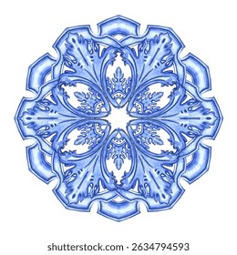 Round Watercolor Floral Frame in Indigo Colors. Can be used as decal, design for tiles, fabric, interior. Capri Majolica color frame 