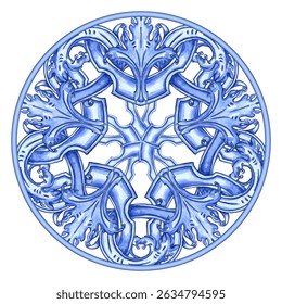 Round Watercolor Floral Frame in Indigo Colors. Can be used as decal, design for tiles, fabric, interior. Capri Majolica color frame 