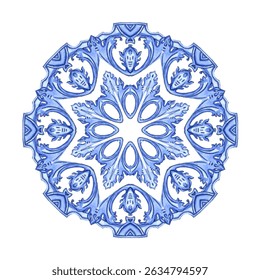 Round Watercolor Floral Frame in Indigo Colors. Can be used as decal, design for tiles, fabric, interior. Capri Majolica color frame 